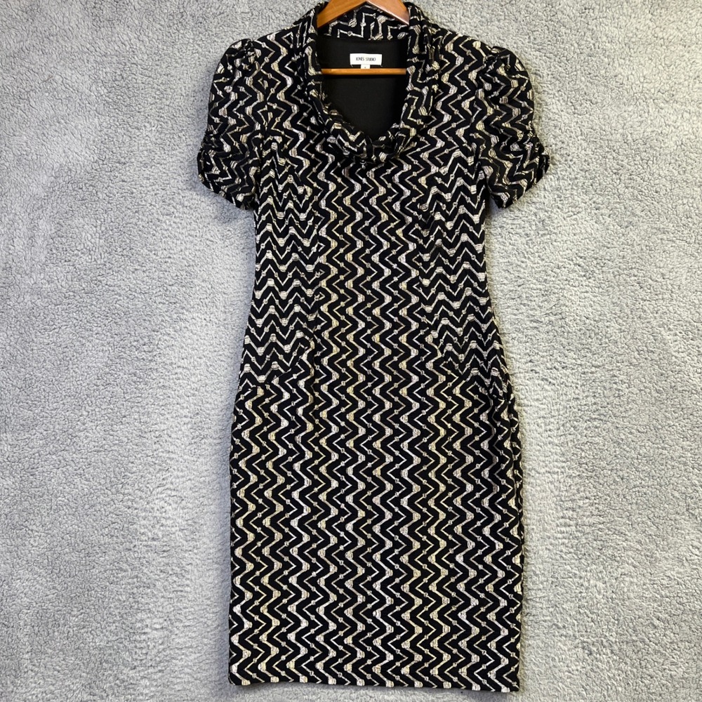 Jones Studio Sheath Dress Women 6 Black Gold Metallic Pull Over Cowl Neck Retro